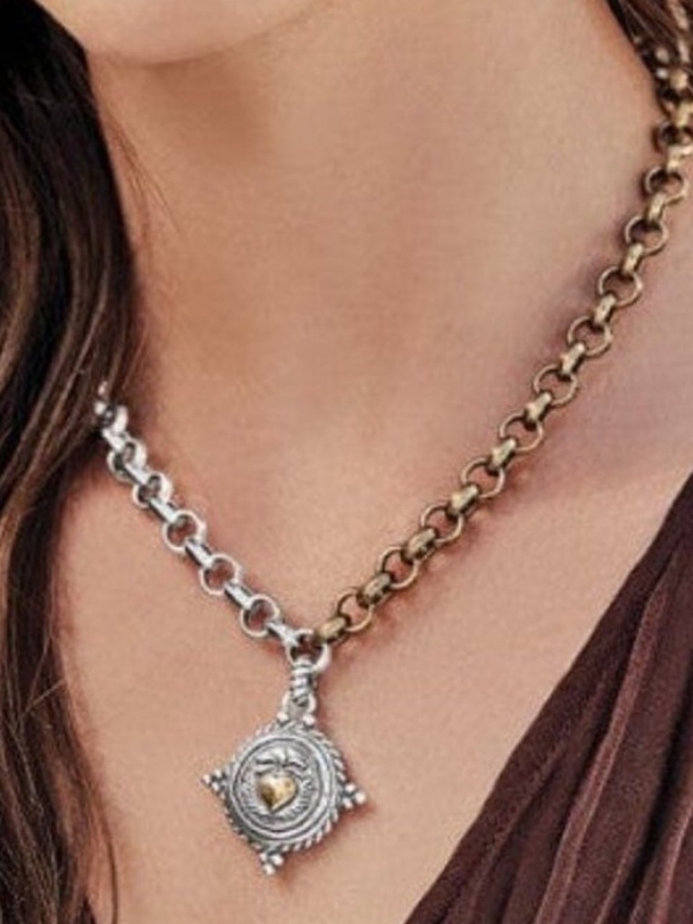 Brighton Two-Tone Silver and Gold Link Necklace with Pendant